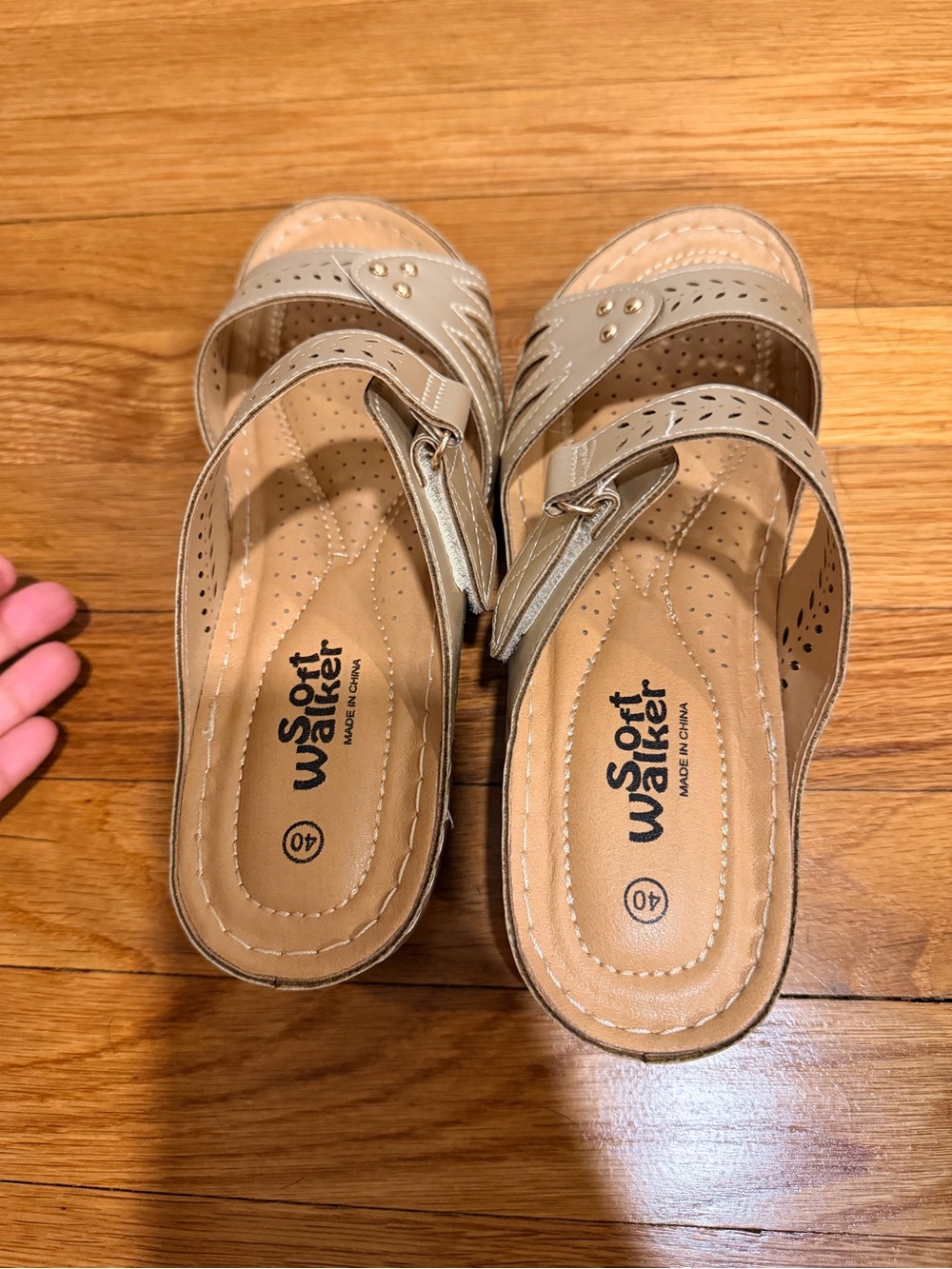 SoftWalk Women's Taupe Slide Sandals with Perforated Straps